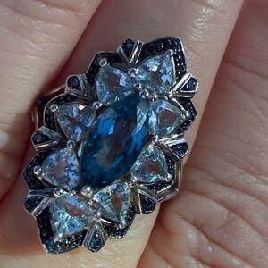London Blue Topaz Aquamarine Gemstone Ring with Blue Diamonds in Sterling Silver